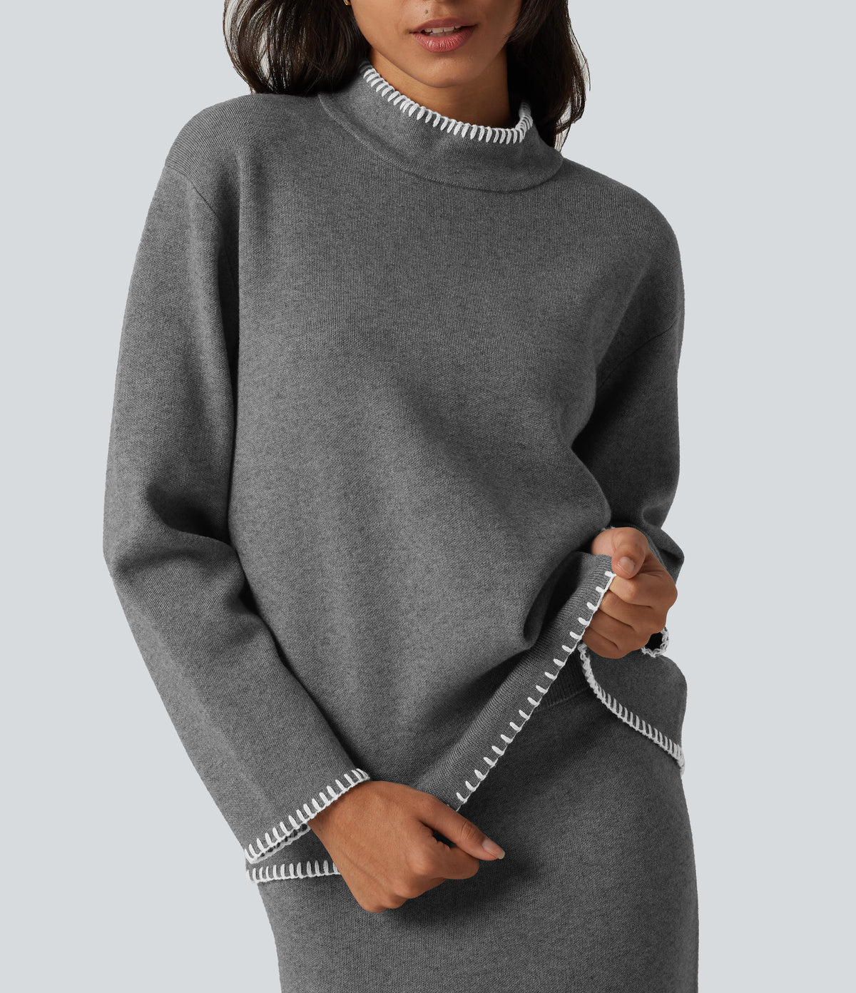 Stand Collar Long Sleeve Crochet Work Jumper — Gull — view 5