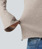 V Neck Flounce Long Sleeve Rolled Hem Casual Jumper — Silver Gray — view 5