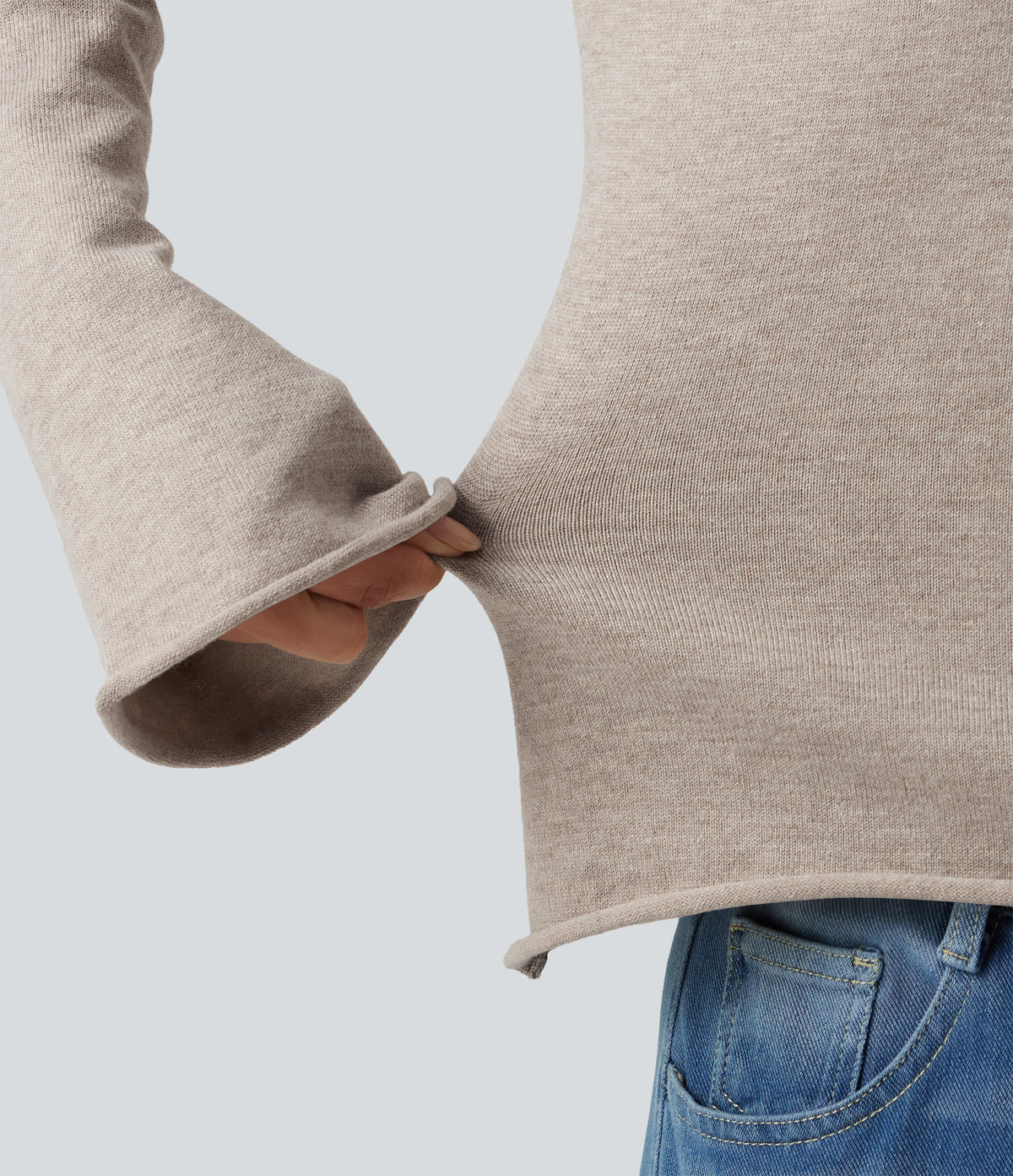 V Neck Flounce Long Sleeve Rolled Hem Casual Jumper — Silver Gray — view 5