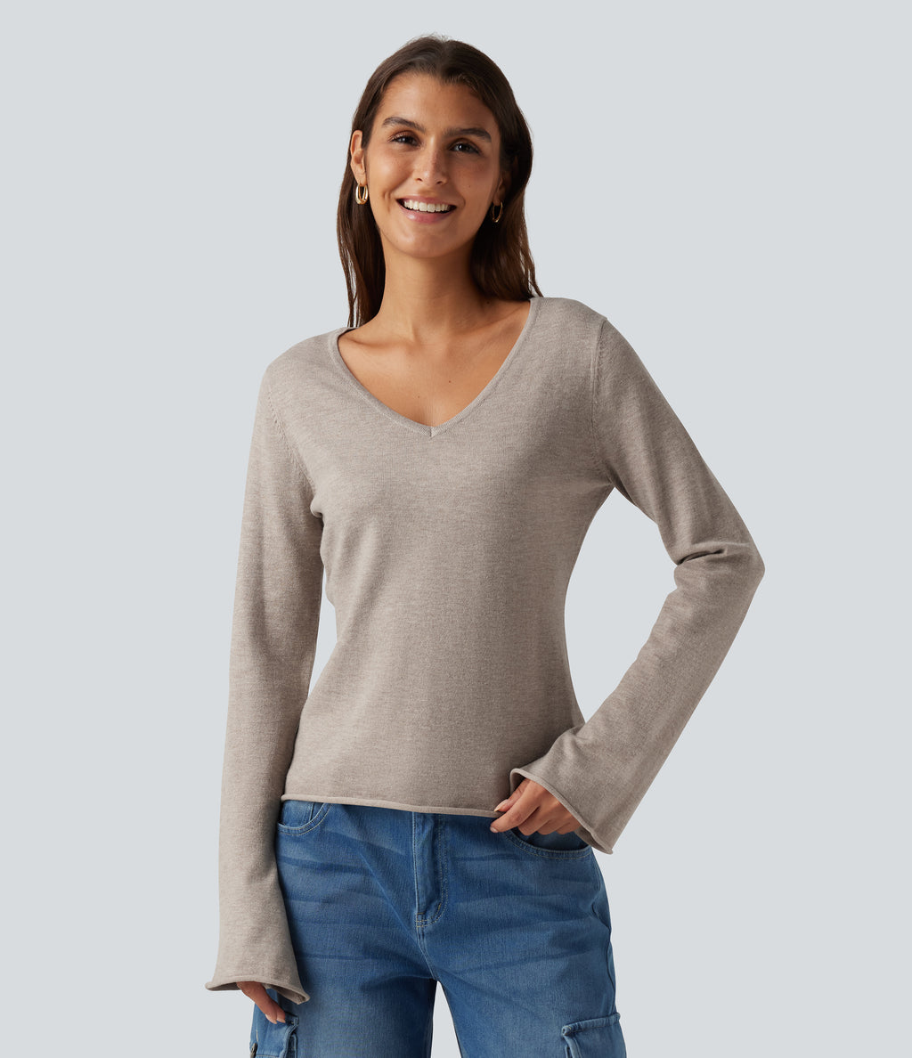 V Neck Flounce Long Sleeve Rolled Hem Casual Jumper — Silver Gray — view 1