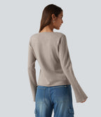 V Neck Flounce Long Sleeve Rolled Hem Casual Jumper — Silver Gray — view 2