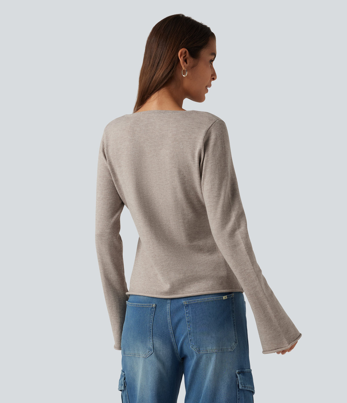 V Neck Flounce Long Sleeve Rolled Hem Casual Jumper — Silver Gray — view 2