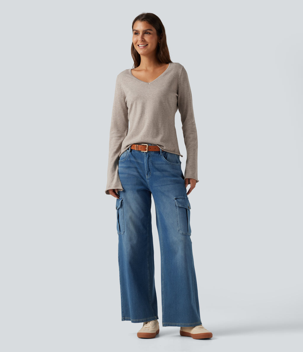V Neck Flounce Long Sleeve Rolled Hem Casual Jumper — Silver Gray — view 6