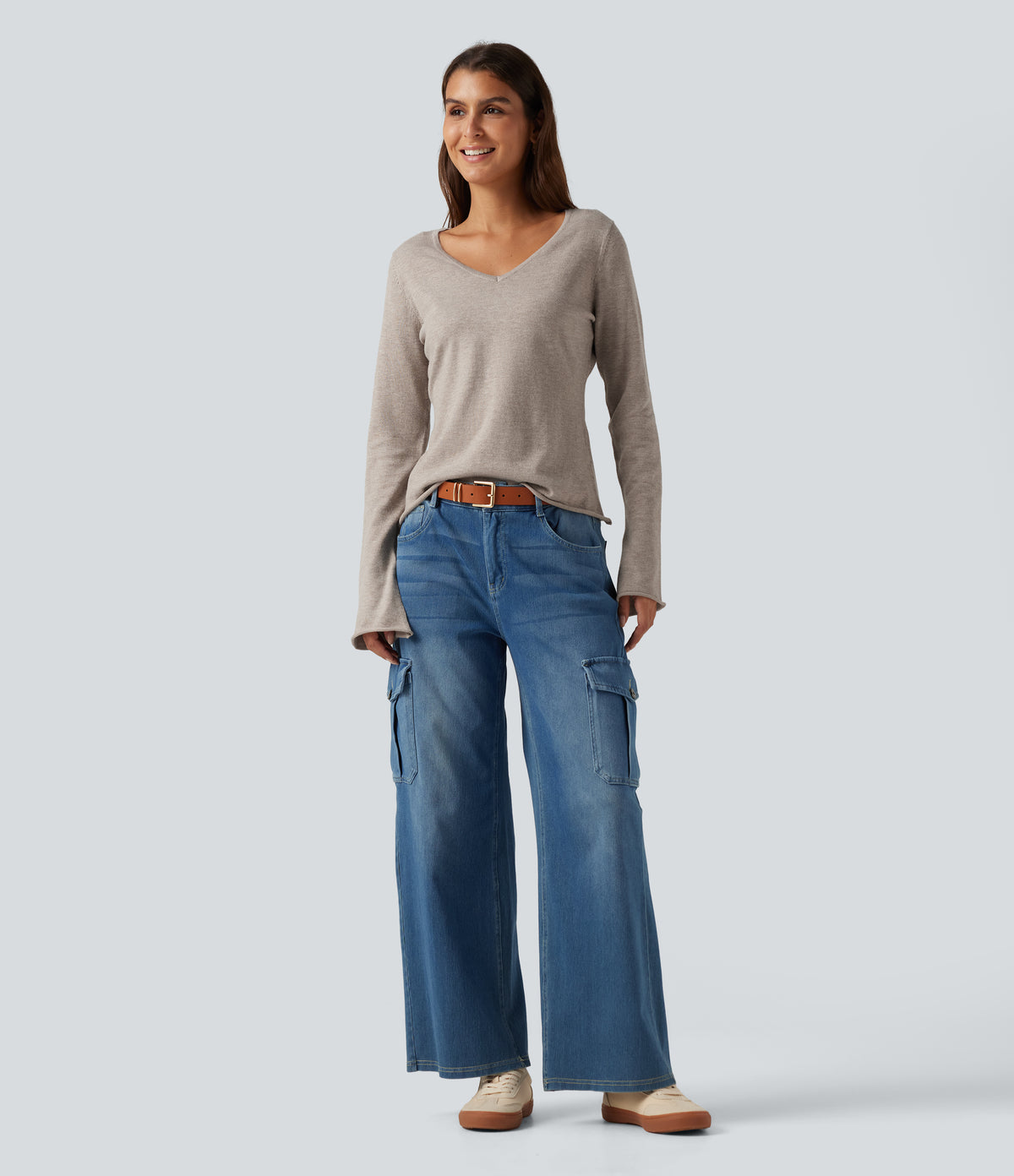 V Neck Flounce Long Sleeve Rolled Hem Casual Jumper — Silver Gray — view 6