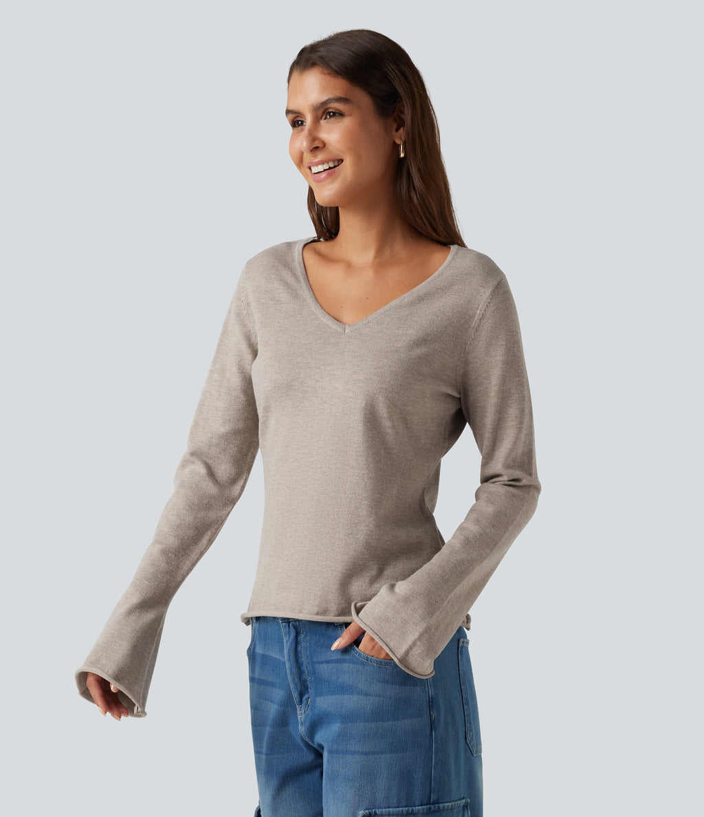 V Neck Flounce Long Sleeve Rolled Hem Casual Jumper — Silver Gray — view 3