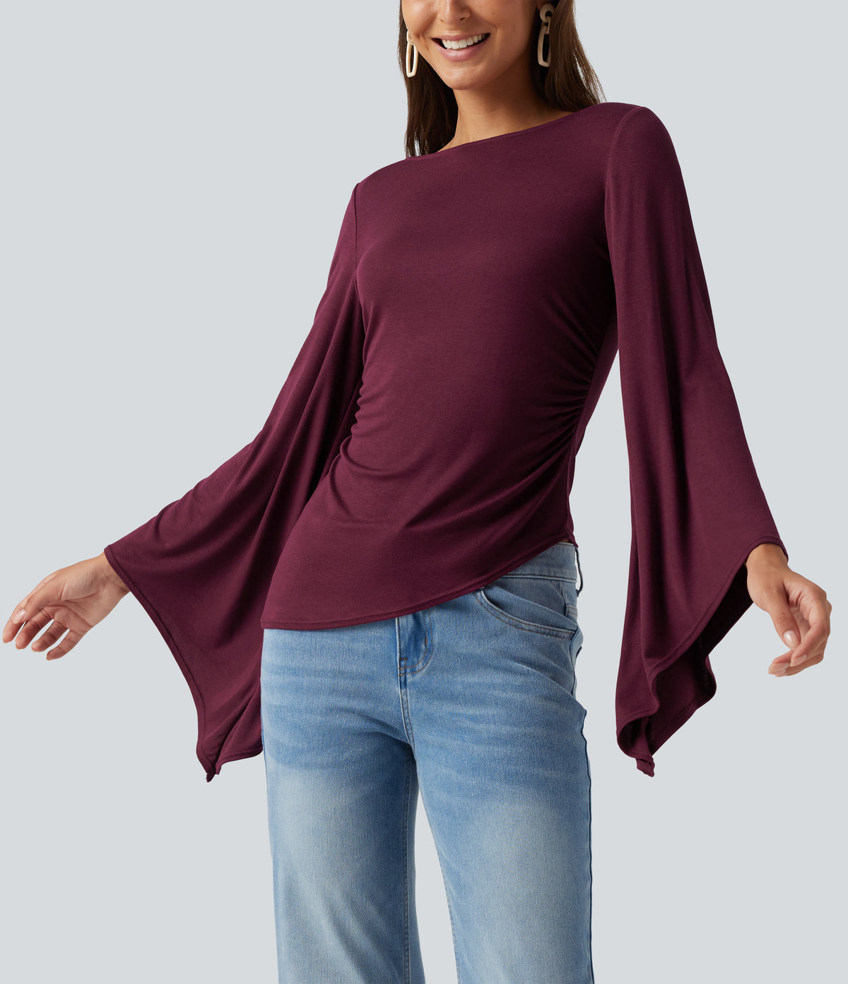 Ribbed Boat Neck Asymmetric Flounce Long Sleeve Ruched Casual Top — Maroon Banner — view 5
