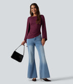 Ribbed Boat Neck Asymmetric Flounce Long Sleeve Ruched Casual Top — Maroon Banner — view 4