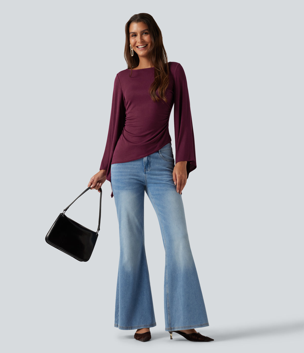 Ribbed Boat Neck Asymmetric Flounce Long Sleeve Ruched Casual Top — Maroon Banner — view 4