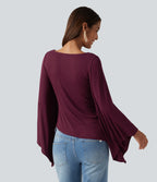 Ribbed Boat Neck Asymmetric Flounce Long Sleeve Ruched Casual Top — Maroon Banner — view 2