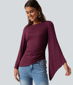 Ribbed Boat Neck Asymmetric Flounce Long Sleeve Ruched Casual Top — Maroon Banner — view 1