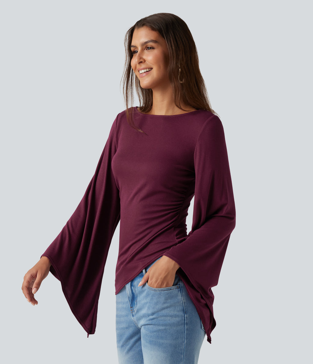 Ribbed Boat Neck Asymmetric Flounce Long Sleeve Ruched Casual Top — Maroon Banner — view 3
