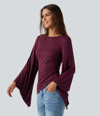 Ribbed Boat Neck Asymmetric Flounce Long Sleeve Ruched Casual Top — Maroon Banner — view 3