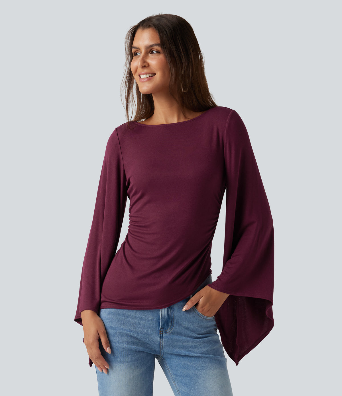 Ribbed Boat Neck Asymmetric Flounce Long Sleeve Ruched Casual Top — Maroon Banner — view 6