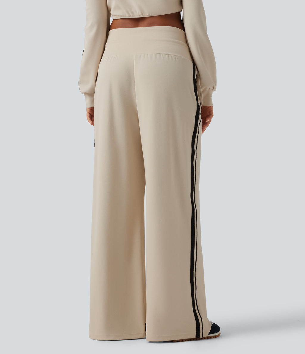 High Waisted Drawstring Wide Leg Side Stripe Waffle Casual Trousers with Pockets — Oat Milk — view 2