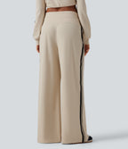 High Waisted Drawstring Wide Leg Side Stripe Waffle Casual Trousers with Pockets — Oat Milk — view 2