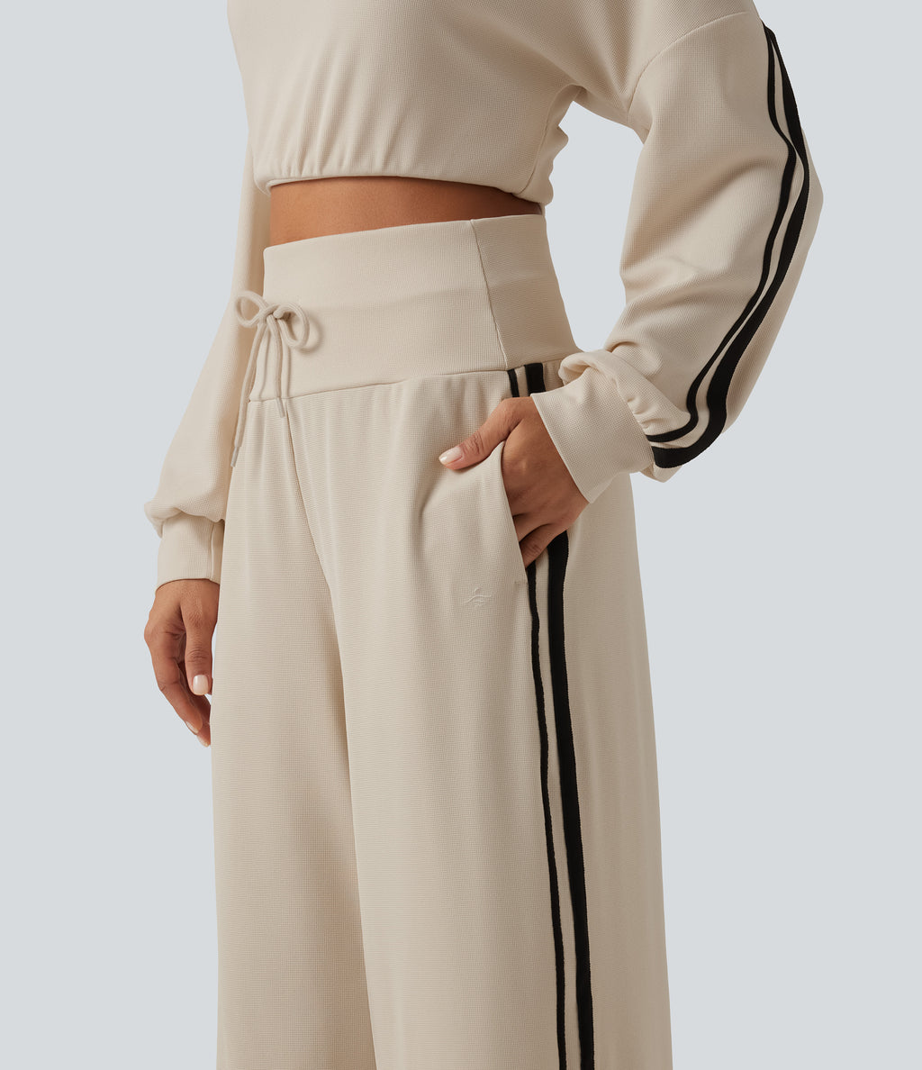High Waisted Drawstring Wide Leg Side Stripe Waffle Casual Trousers with Pockets — Oat Milk — view 4
