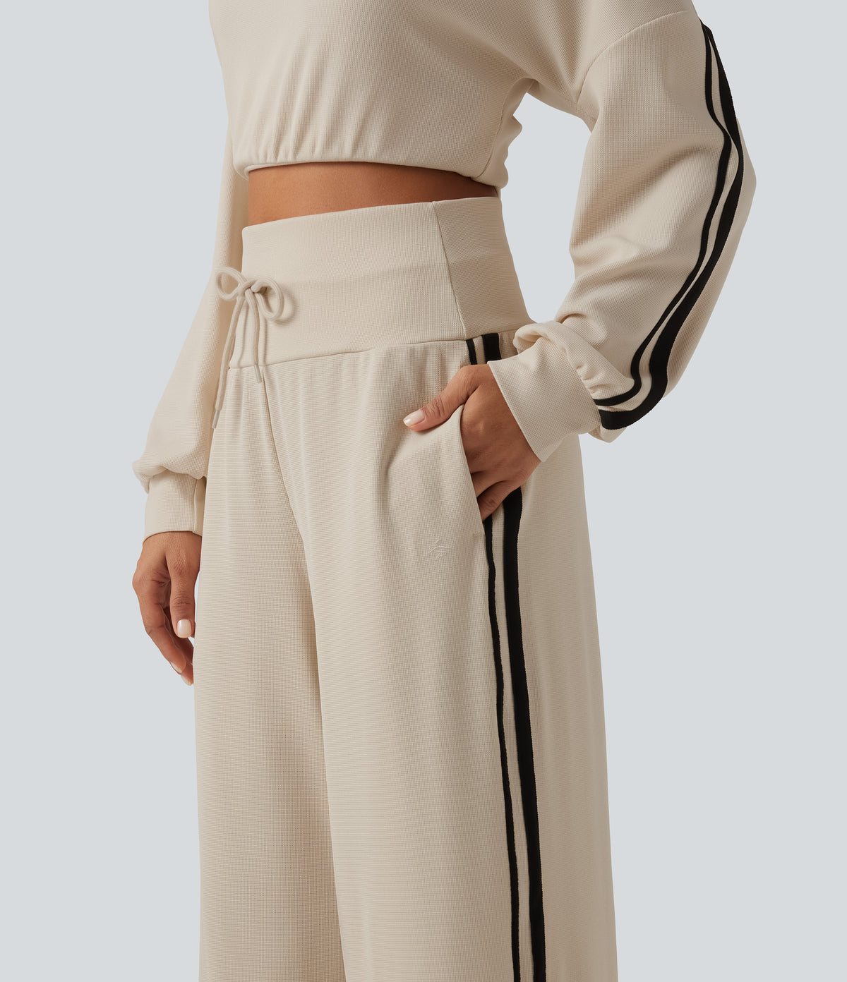 High Waisted Drawstring Wide Leg Side Stripe Waffle Casual Trousers with Pockets — Oat Milk — view 4