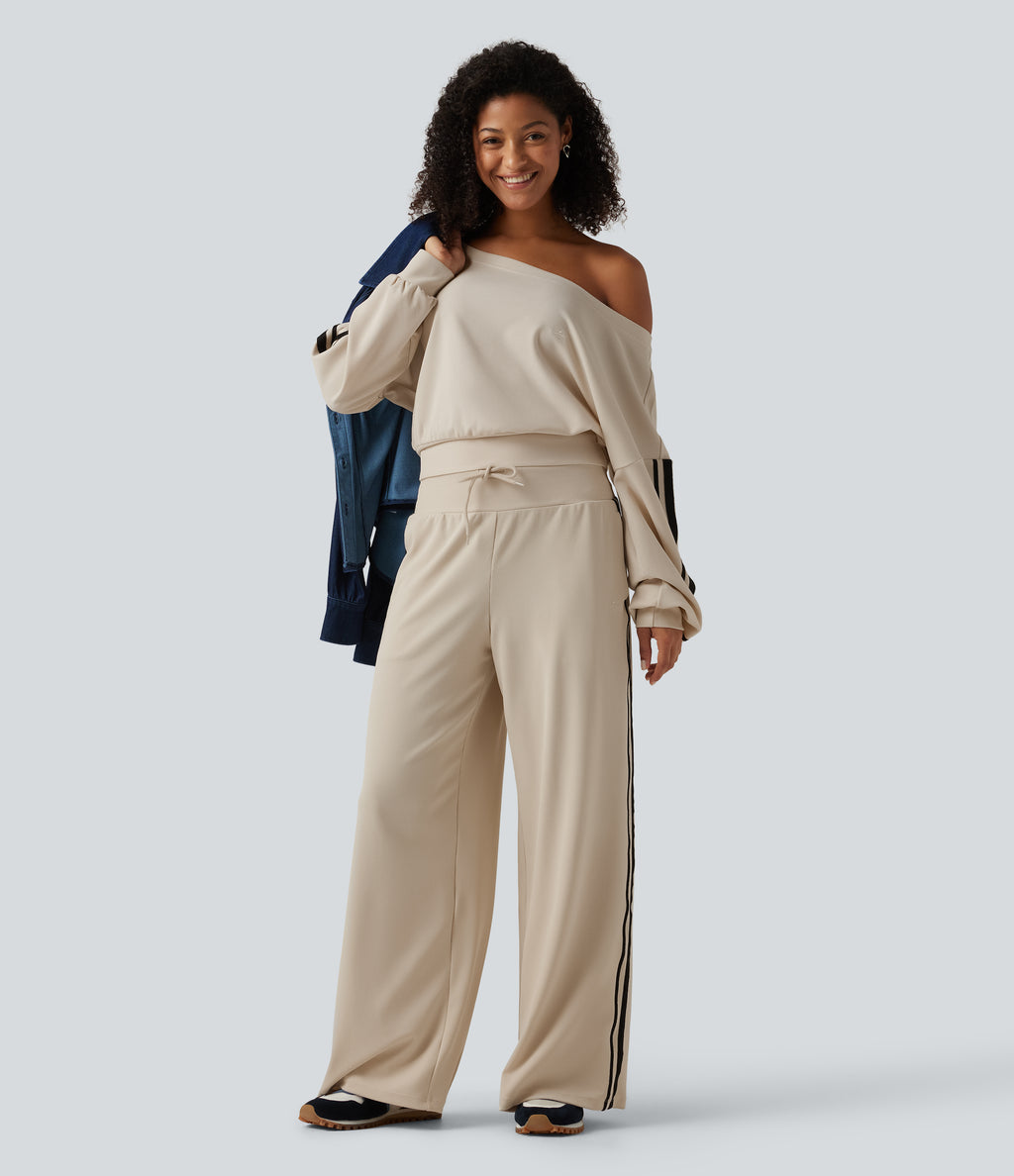 High Waisted Drawstring Wide Leg Side Stripe Waffle Casual Trousers with Pockets — Oat Milk — view 5
