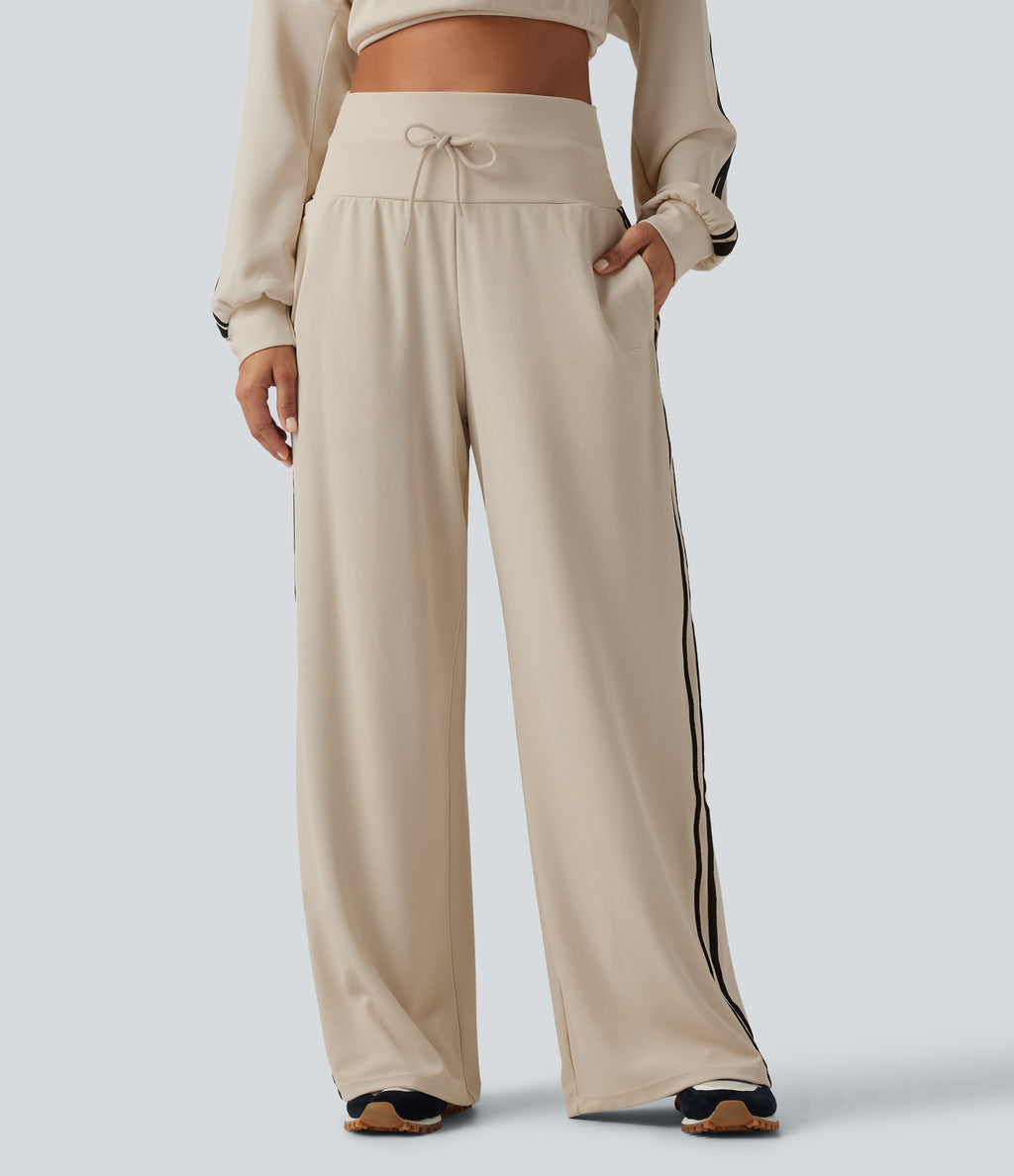 High Waisted Drawstring Wide Leg Side Stripe Waffle Casual Trousers with Pockets — Oat Milk — view 3