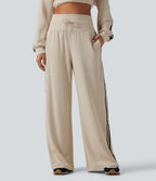 High Waisted Drawstring Wide Leg Side Stripe Waffle Casual Trousers with Pockets — Oat Milk — view 3