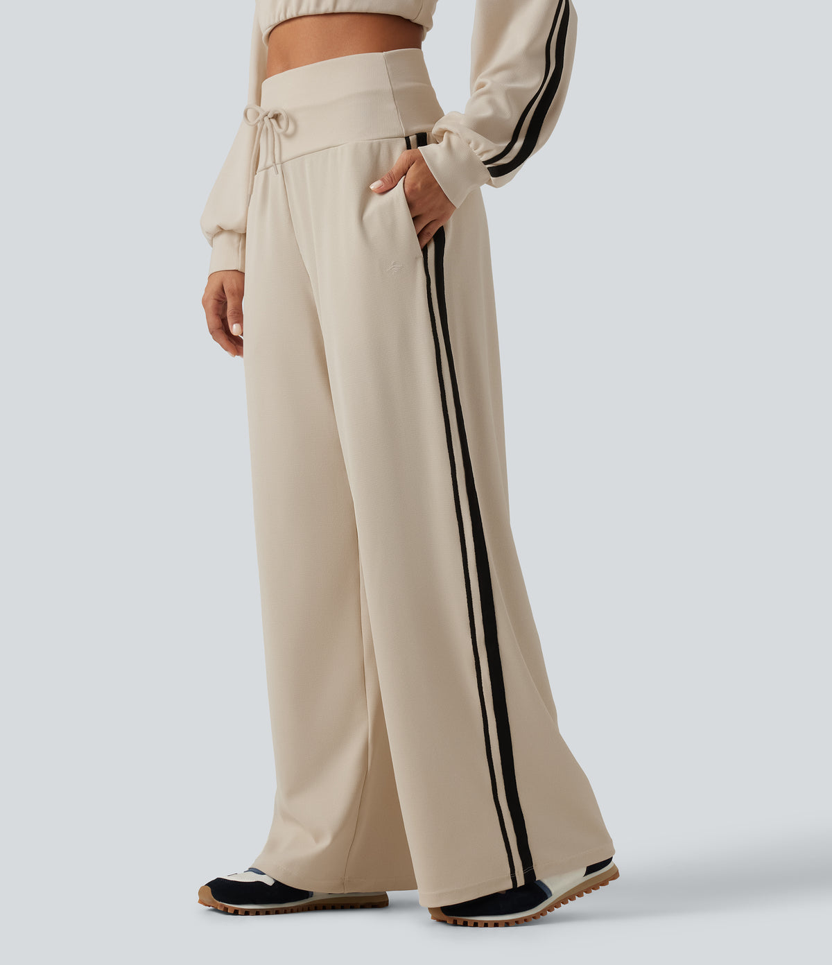 High Waisted Drawstring Wide Leg Side Stripe Waffle Casual Trousers with Pockets — Oat Milk — view 1
