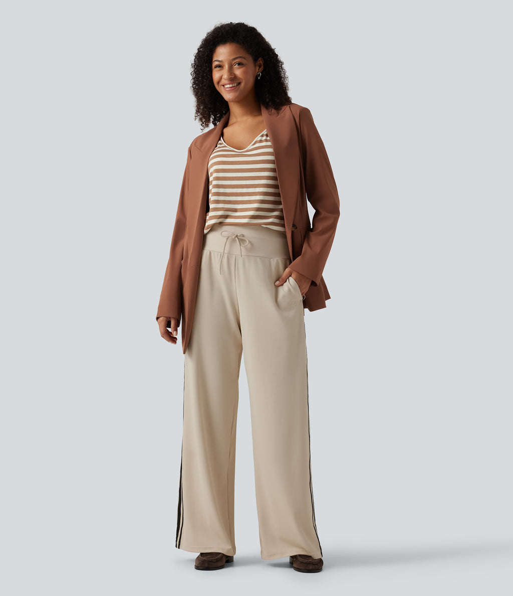 High Waisted Drawstring Wide Leg Side Stripe Waffle Casual Trousers with Pockets — Oat Milk — view 6