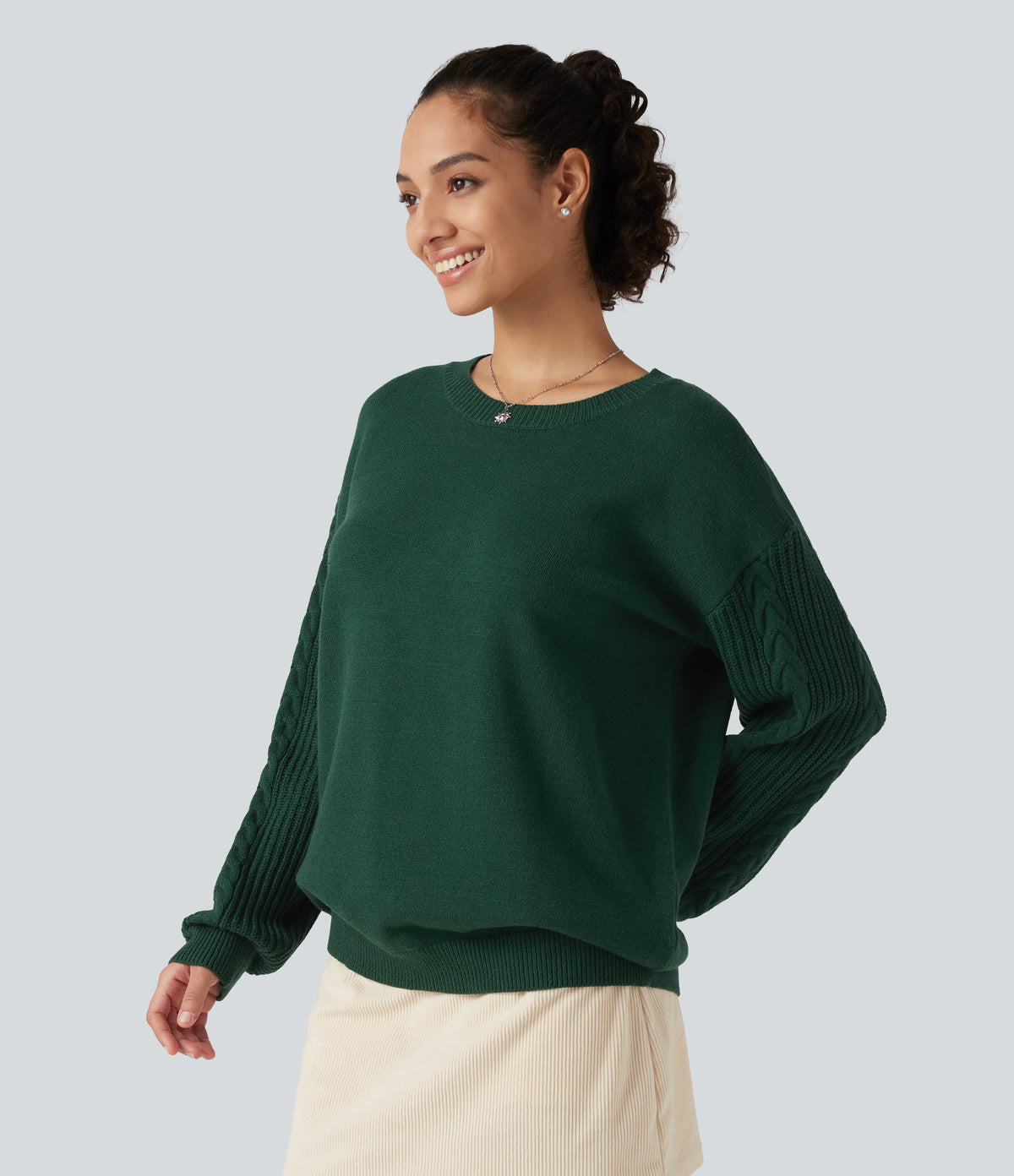 Round Neck Long Sleeve Relaxed Work Jumper — Rain Forest — view 3