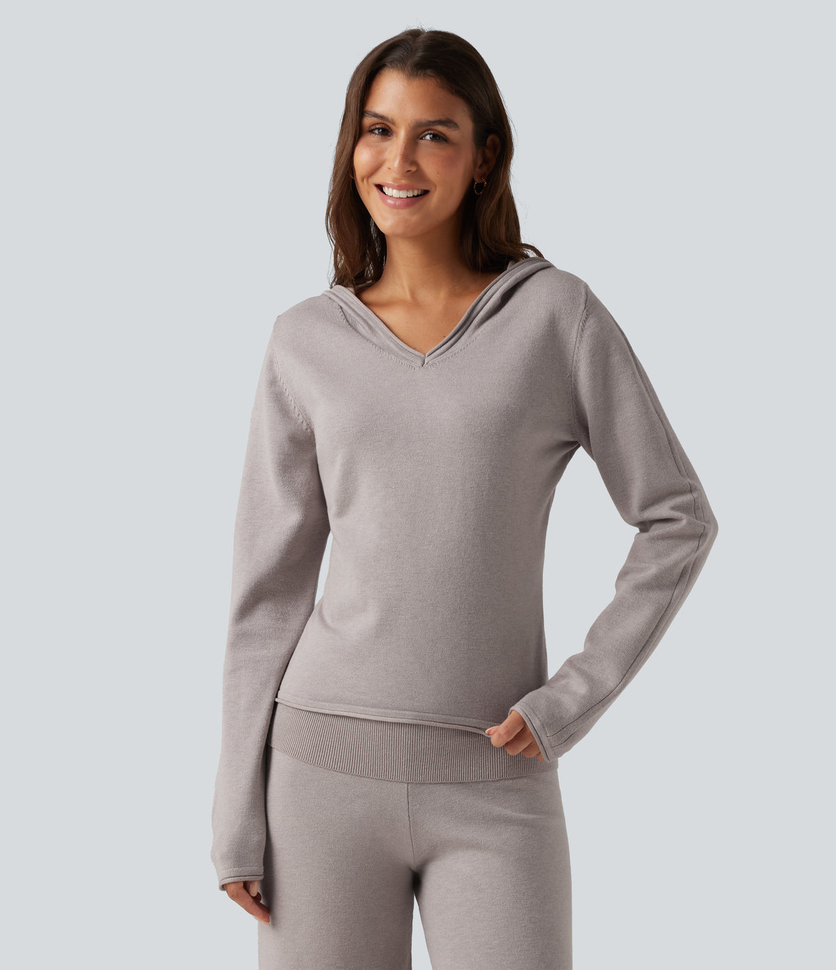 Hooded Long Sleeve Rolled Hem Lounge Jumper — Mink Ash — view 1