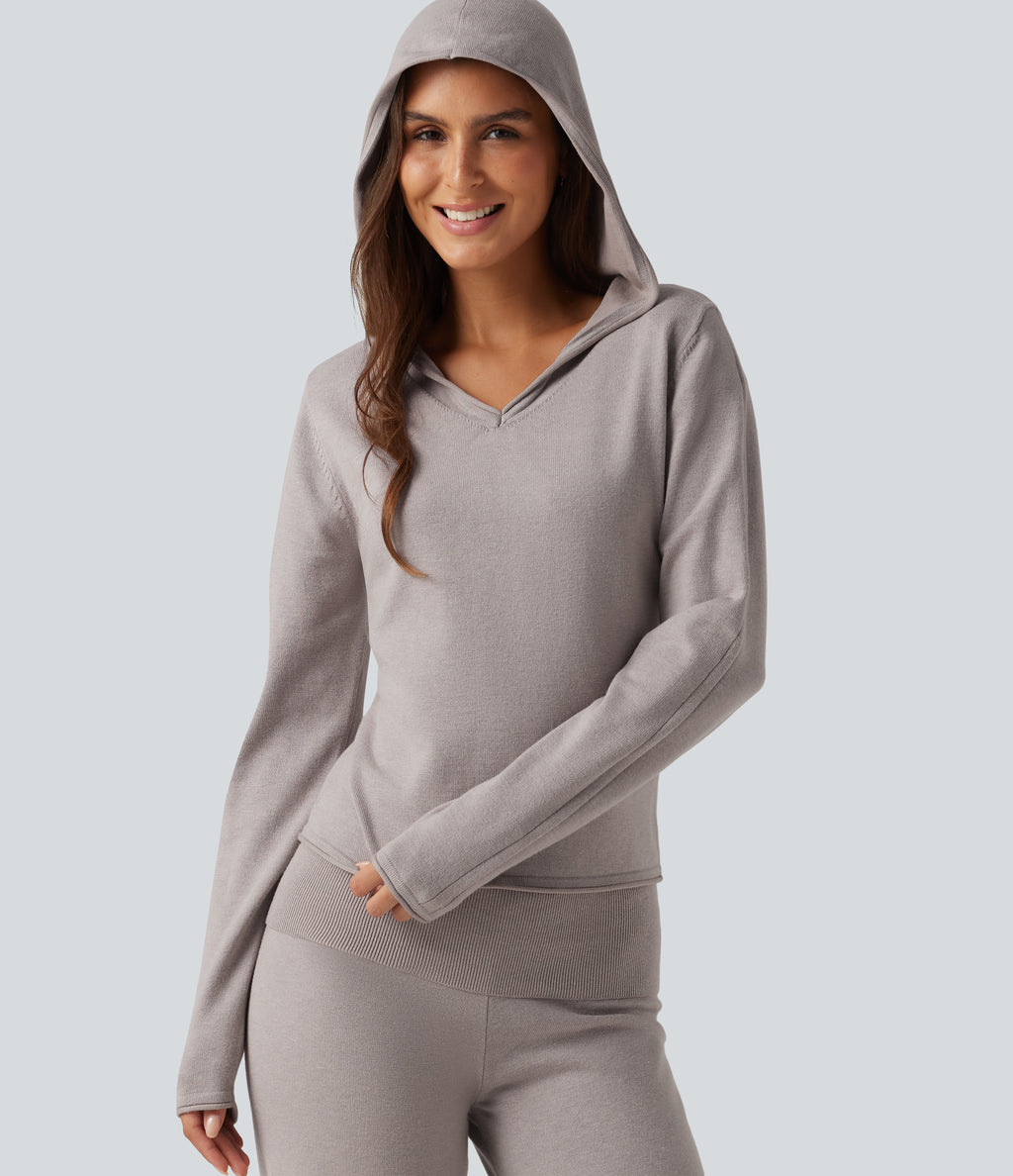 Hooded Long Sleeve Rolled Hem Lounge Jumper — Mink Ash — view 4
