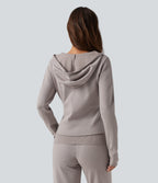 Hooded Long Sleeve Rolled Hem Lounge Jumper — Mink Ash — view 2