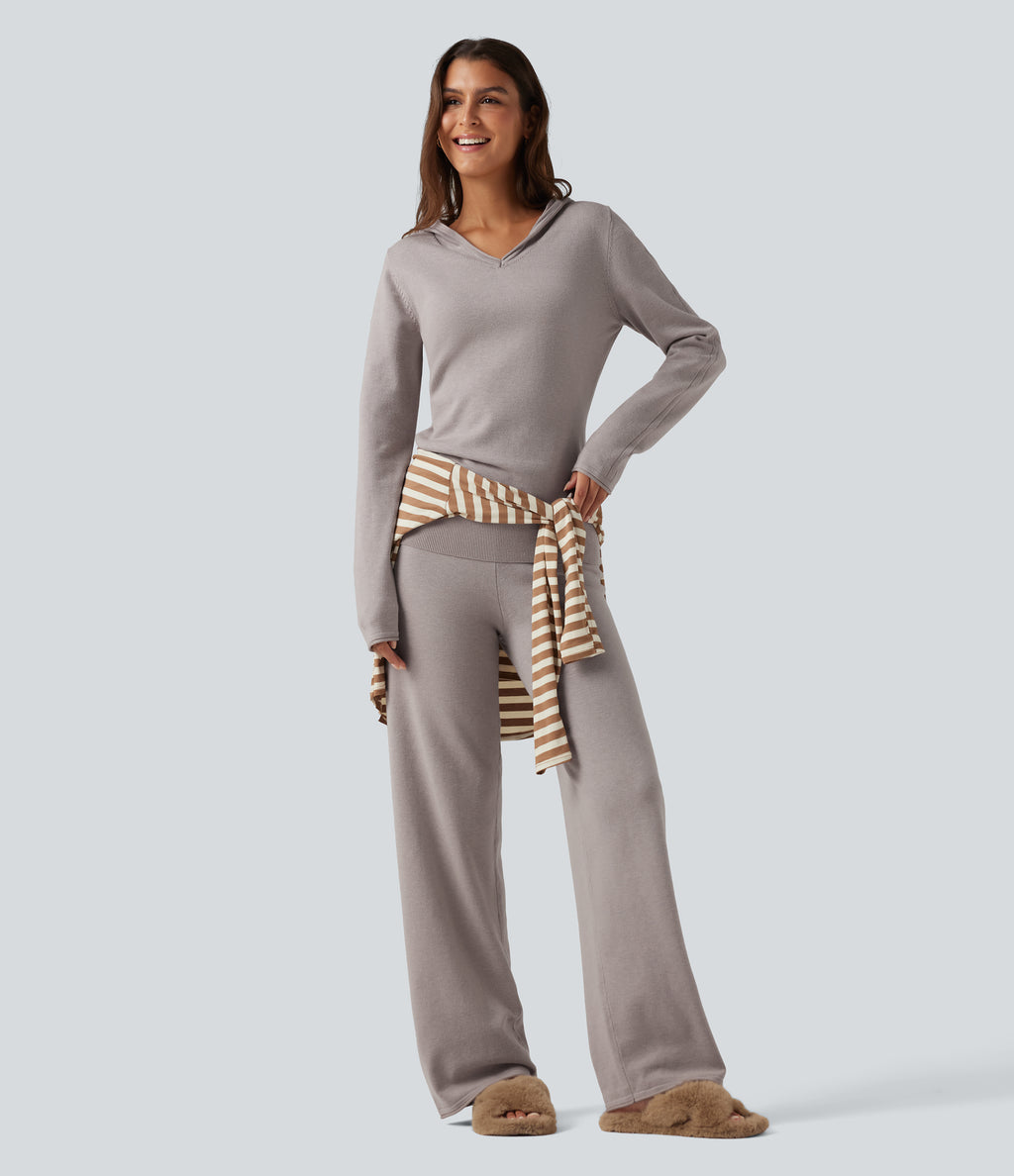 Hooded Long Sleeve Rolled Hem Lounge Jumper — Mink Ash — view 7