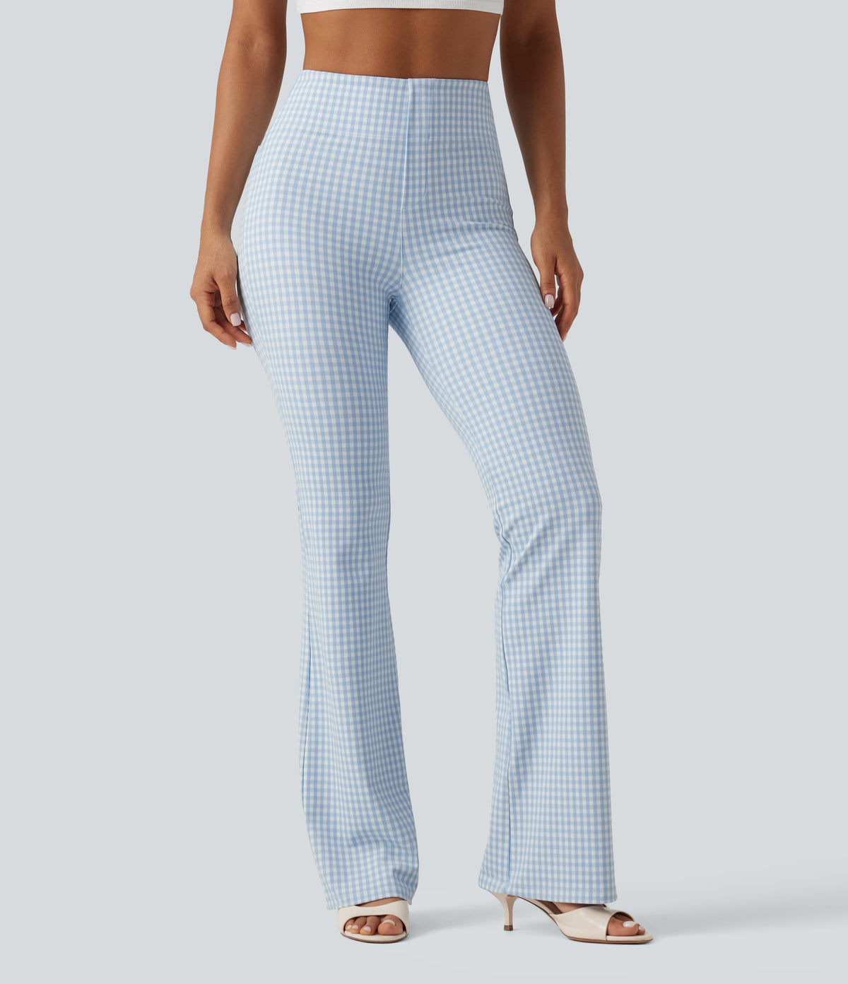 High Waisted Plaid Bootcut Work Trousers with Pockets — Blueberry Milk Gingham — view 2