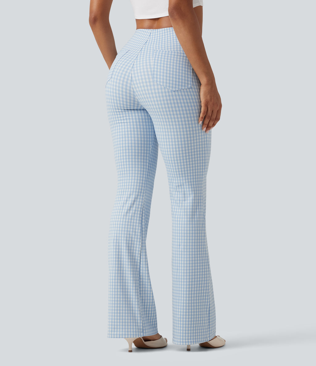 High Waisted Plaid Bootcut Work Trousers with Pockets — Blueberry Milk Gingham — view 3