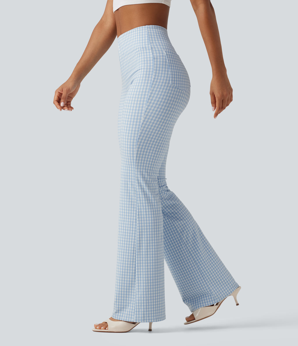 High Waisted Plaid Bootcut Work Trousers with Pockets — Blueberry Milk Gingham — view 1