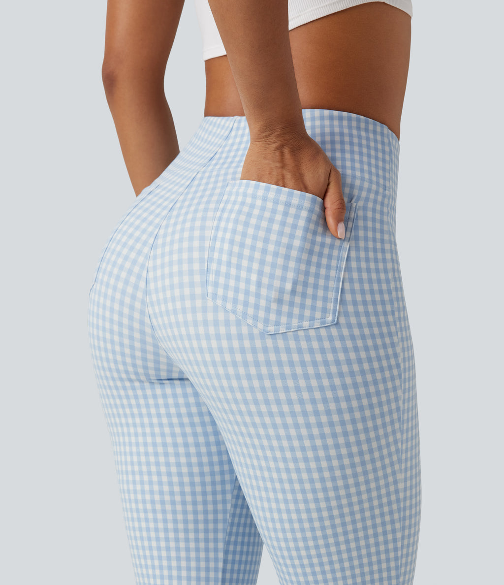 High Waisted Plaid Bootcut Work Trousers with Pockets — Blueberry Milk Gingham — view 5