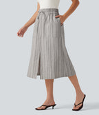 High Waisted Drawstring Stripe Midi Casual Skirt with Pockets — Toasted Linen — view 3