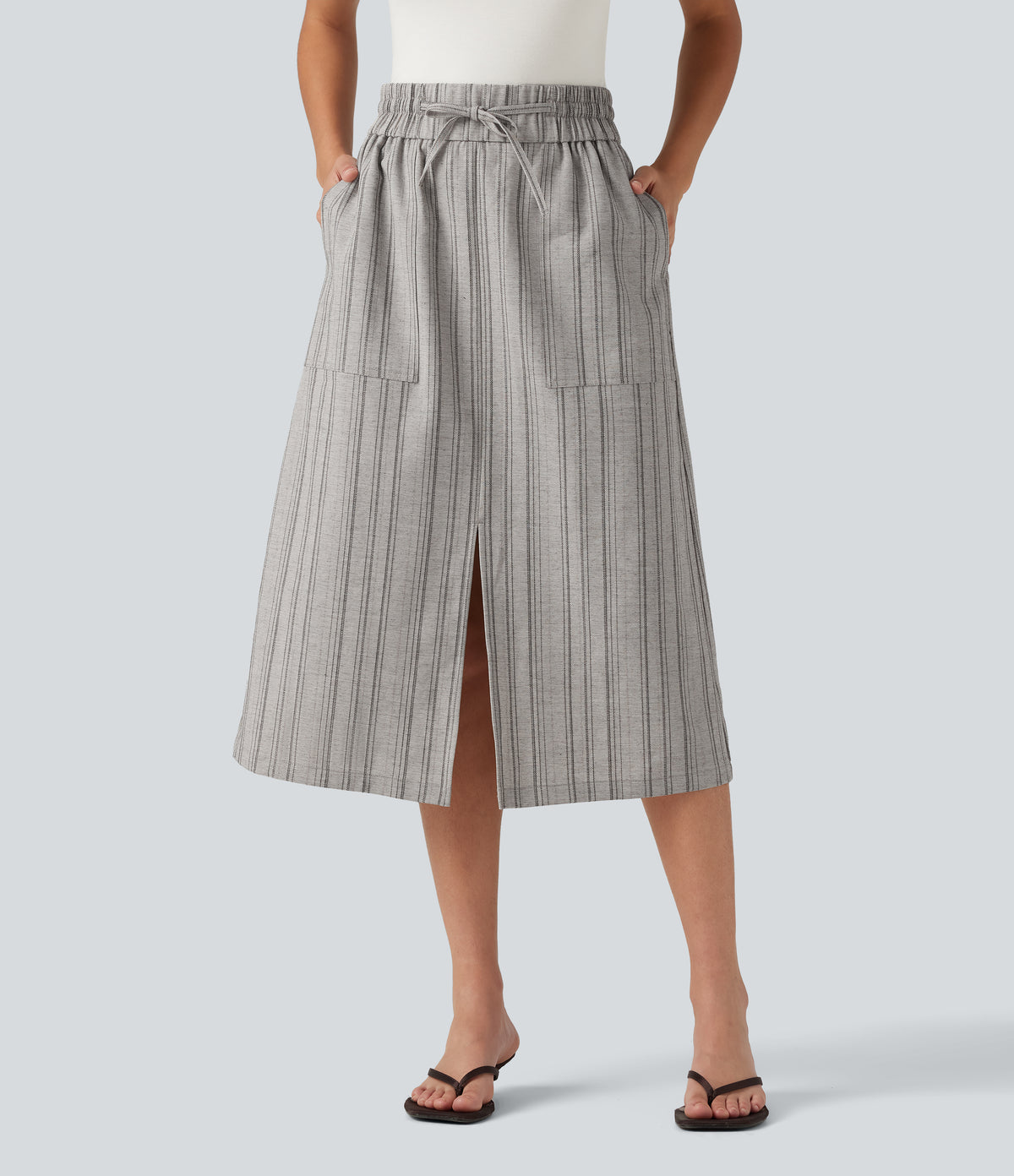High Waisted Drawstring Stripe Midi Casual Skirt with Pockets — Toasted Linen — view 1
