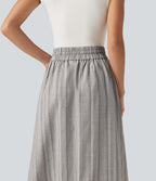 High Waisted Drawstring Stripe Midi Casual Skirt with Pockets — Toasted Linen — view 5