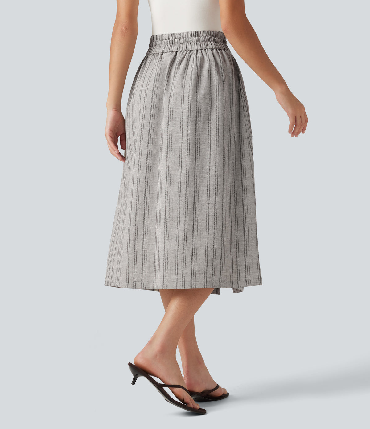 High Waisted Drawstring Stripe Midi Casual Skirt with Pockets — Toasted Linen — view 2