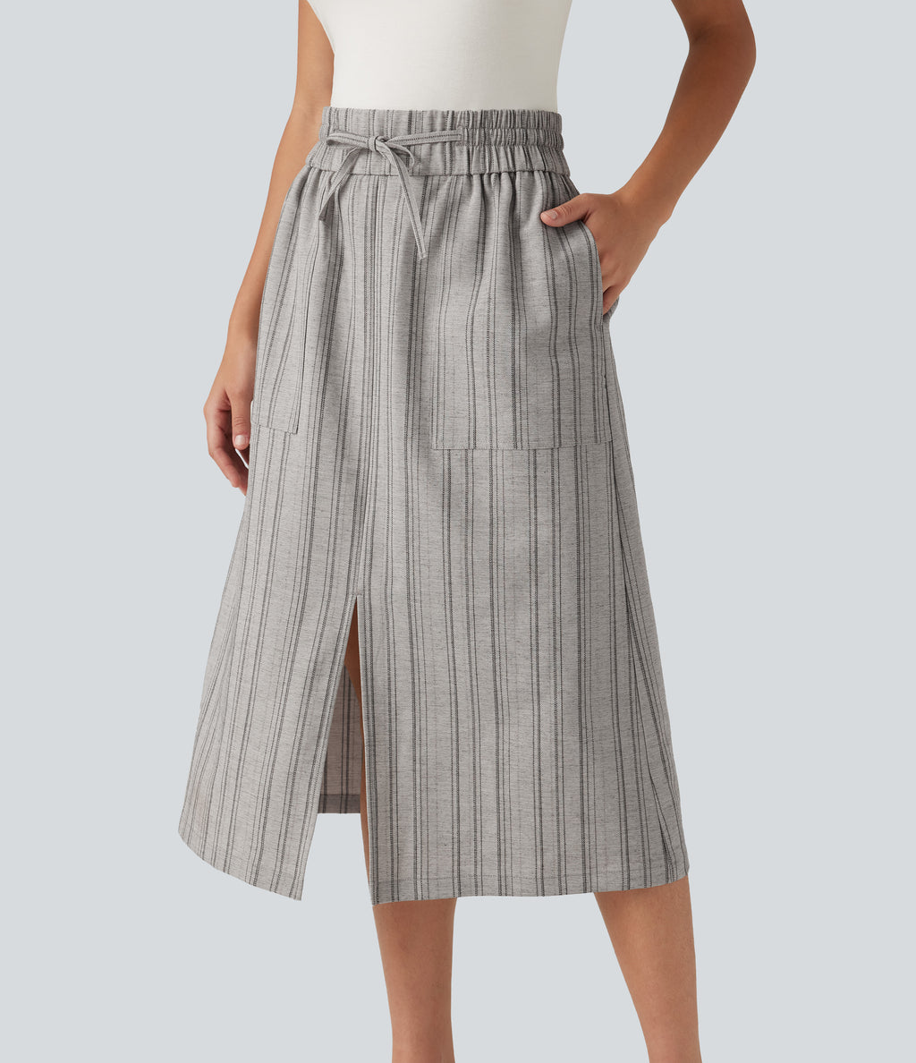 High Waisted Drawstring Stripe Midi Casual Skirt with Pockets — Toasted Linen — view 4