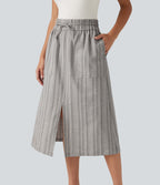 High Waisted Drawstring Stripe Midi Casual Skirt with Pockets — Toasted Linen — view 4