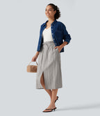 High Waisted Drawstring Stripe Midi Casual Skirt with Pockets — Toasted Linen — view 7