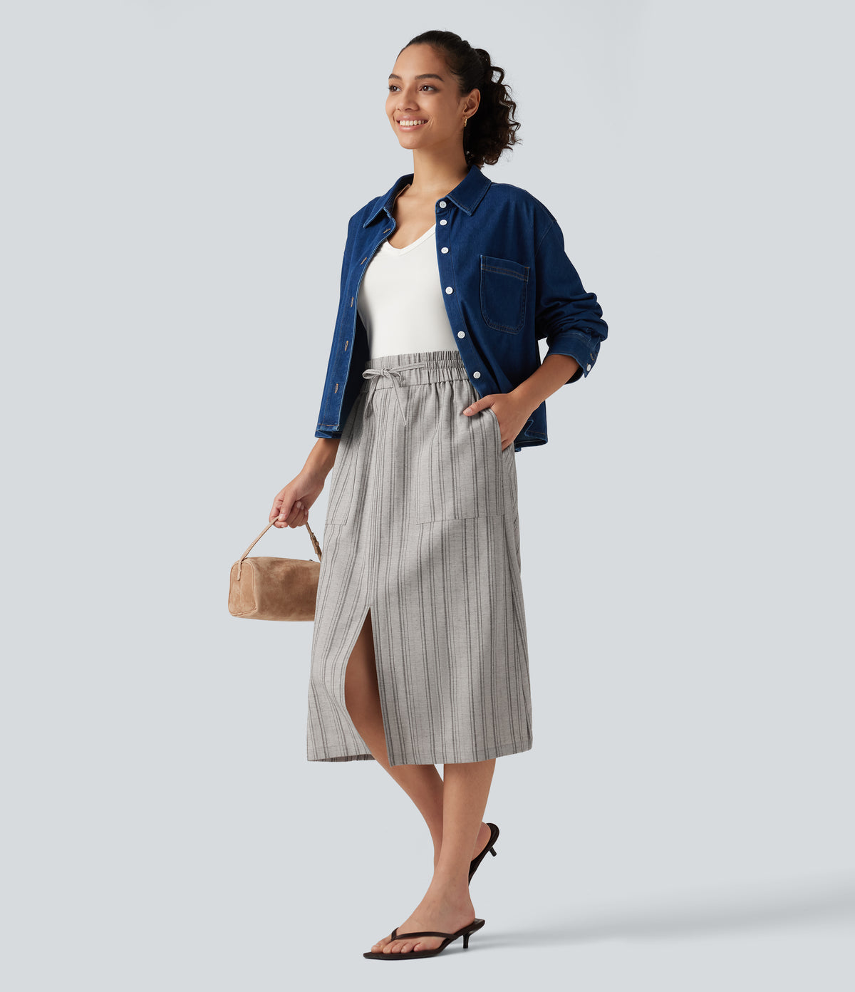 High Waisted Drawstring Stripe Midi Casual Skirt with Pockets — Toasted Linen — view 7