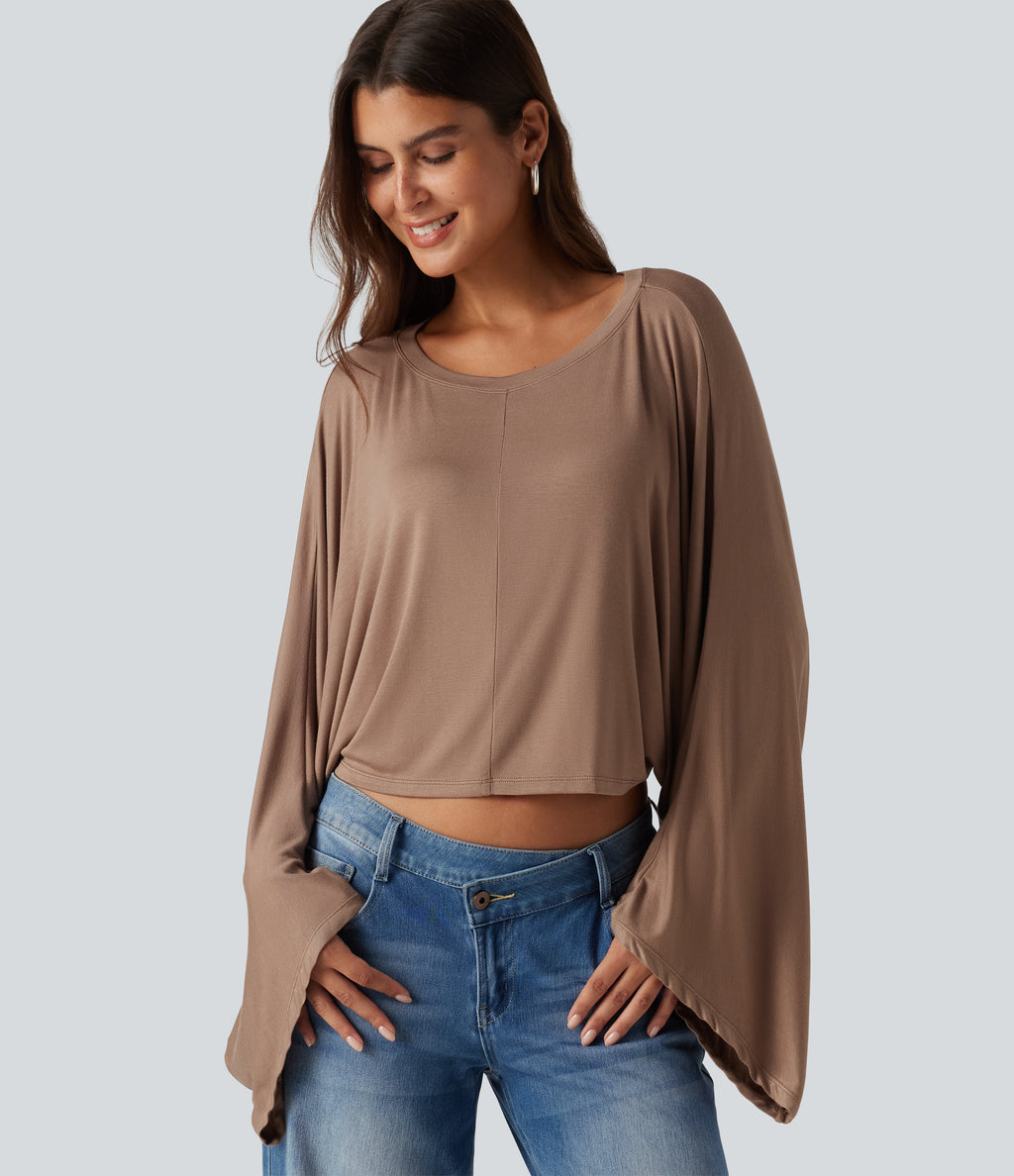 Ribbed Boat Neck Long Sleeve Batwing Casual Top — Beaver Fur — view 5