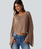Ribbed Boat Neck Long Sleeve Batwing Casual Top — Beaver Fur — view 5