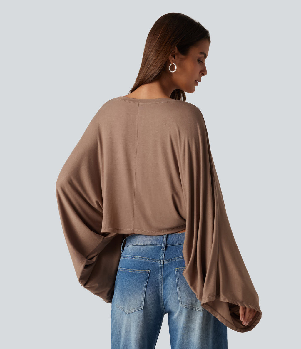 Ribbed Boat Neck Long Sleeve Batwing Casual Top — Beaver Fur — view 2