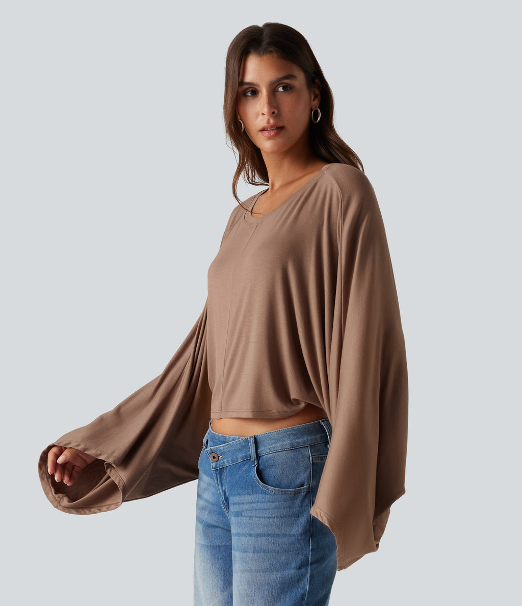 Ribbed Boat Neck Long Sleeve Batwing Casual Top — Beaver Fur — view 3