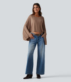 Ribbed Boat Neck Long Sleeve Batwing Casual Top — Beaver Fur — view 6