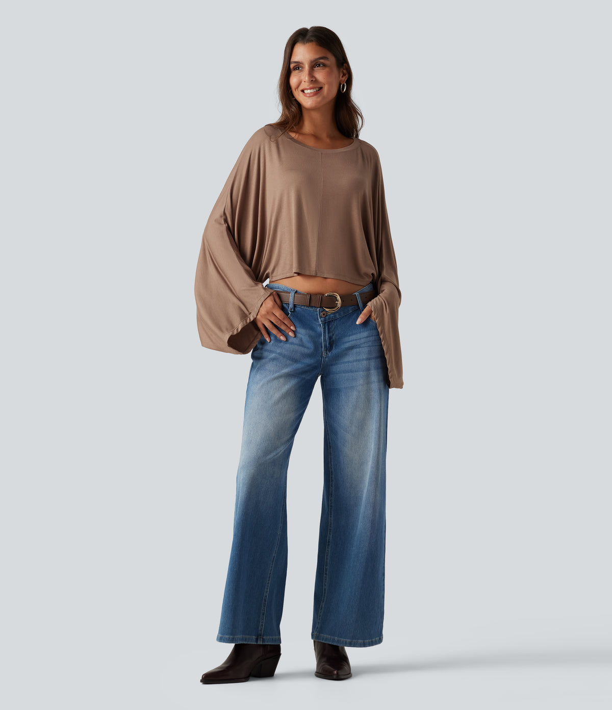 Ribbed Boat Neck Long Sleeve Batwing Casual Top — Beaver Fur — view 6
