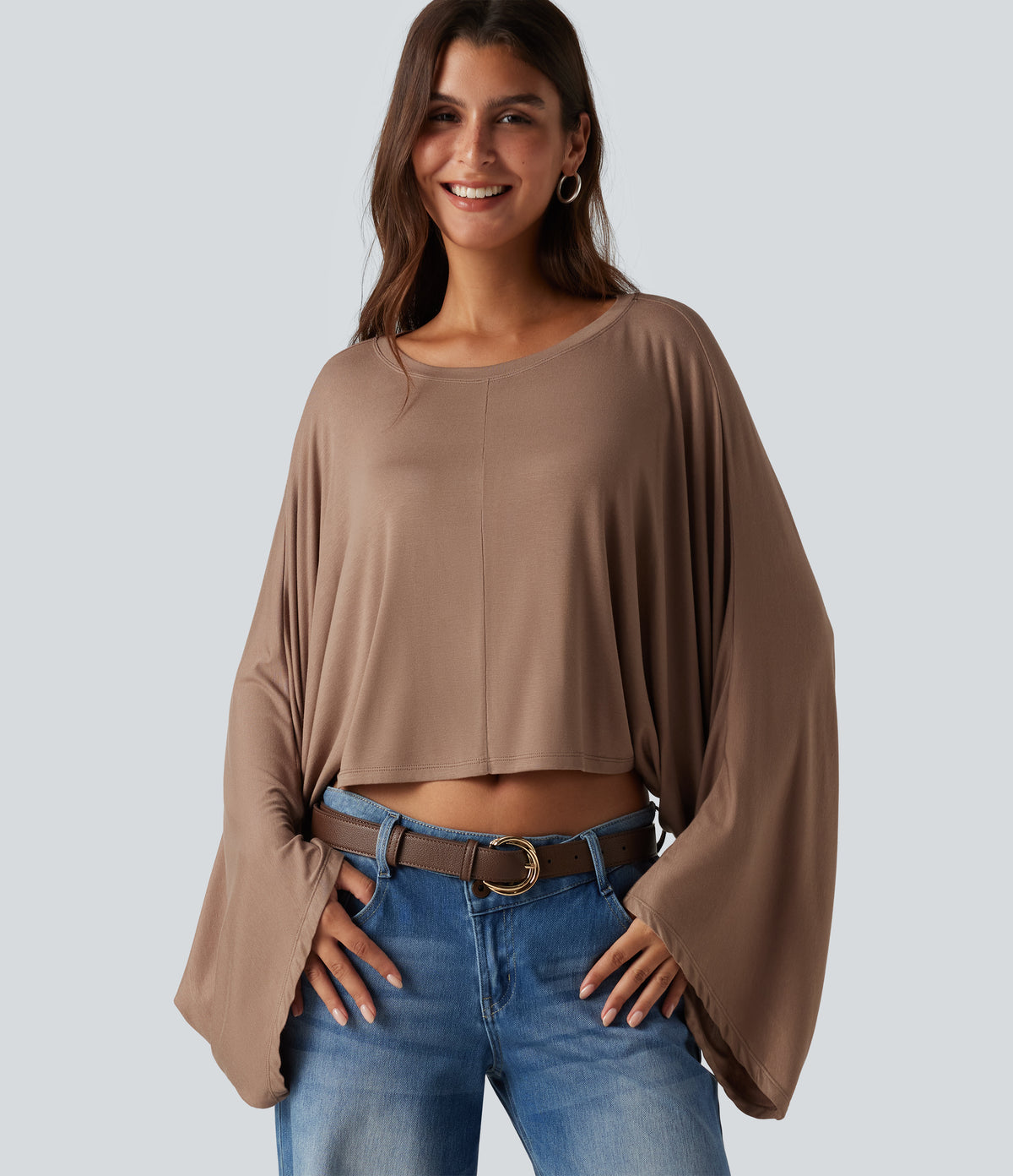 Ribbed Boat Neck Long Sleeve Batwing Casual Top — Beaver Fur — view 4